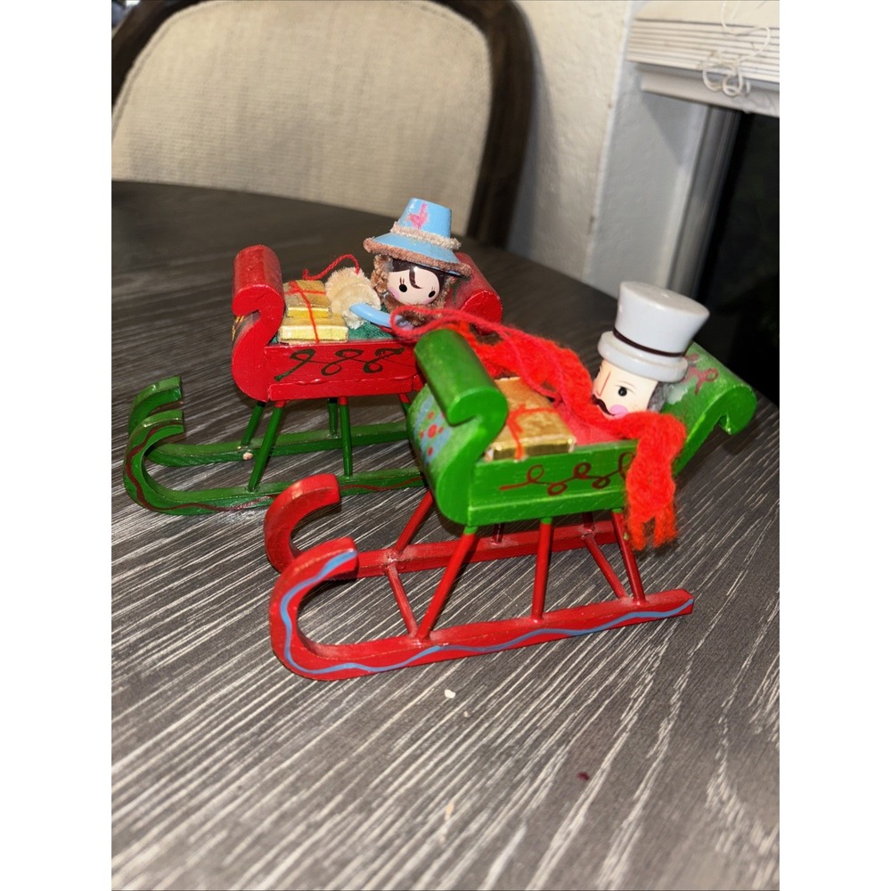 Vtg 80's Kurt Adler Wood Sleigh Ornaments‎ Victorian Girl & Gifts 4" x 5"